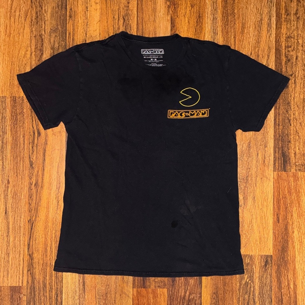 Pac-Man Mens Black Graphic T-Shirt Neon Ghost Back Print C-Life Group Medium